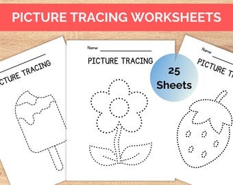 May include: Picture tracing worksheets with outlines of an ice pop, flower, and strawberry. The worksheets have the text "Picture Tracing" and "25 Sheets" on a blue circle. The text "Picture Tracing Worksheets" is on a red banner.