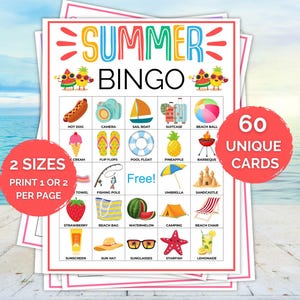 60 Cartões de Bingo de Verão, Jogo de Bingo de Verão para Imprimir, Jogo de Verão, Bingo de Verão, Atividade de Verão, Bingo de Férias de Verão, Bingo de Verão para Crianças