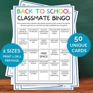 May include: Back to School Classmate Bingo game with 50 unique cards. The bingo cards have descriptions like "Has flown in an airplane" and "Can whistle". The game is available in 2 sizes, with the option to print 1 or 2 cards per page.