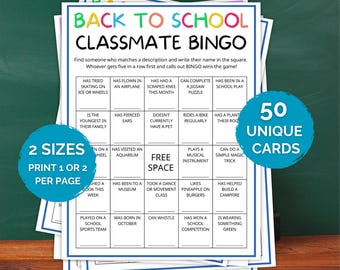 50 klasskamratsbingokort, Hitta någon som spelar bingo, Lär känna dig-bingo, Aktivitet för första skoldagen, Isbrytarspel, Tillbaka till skolan-spel