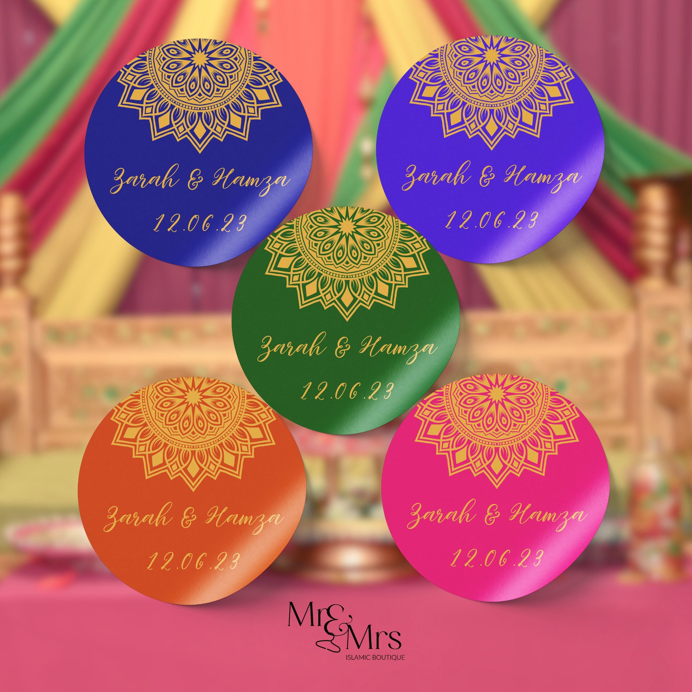 25/50/100 Personalised Wedding MEHNDI DHOLKI HENNA SANGEET Stickers Labels GLOSS