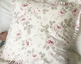 Simply Shabby Chic Rosalie Pattern UpCycled Creamy White With Pink Roses 20" Pillow Cover Ruffles Lace Edge ReFashioned  SOFT