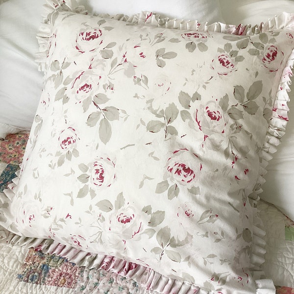 Simply Shabby Chic Rosalie Pattern UpCycled Creamy White With Pink Roses 20" Pillow Cover Ruffles Lace Edge ReFashioned  SOFT