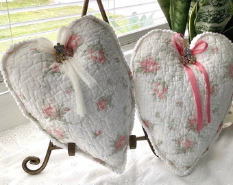 Pretty Pair of UpCycled Little Heart Pillows ReFashioned White Quilted With Pink Roses SOFT
