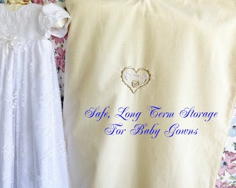 Archival Quality Economy Baby Gown Garment Bag Optional Monogram Cotton Designed For SAFE  Long Term Christening Blessing Dress Storage