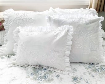 Pillow Cover Set 4 Pieces Vintage Mountmellick Embroidered White on White Linen Raw Edge Ruffles Mother of Pearl Buttons OOAK