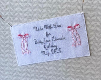 Custom Embroidered Quilt Label Little Bows Personalize Made To Order FAST Delivery Perfect Size For Baby Quilts And Blankets