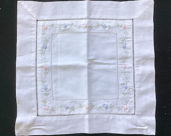 Lovely Little Pillow Cover for 10" Form Pastel Pink and Blue Bullion Roses on White Hemstitched Overall 14x14