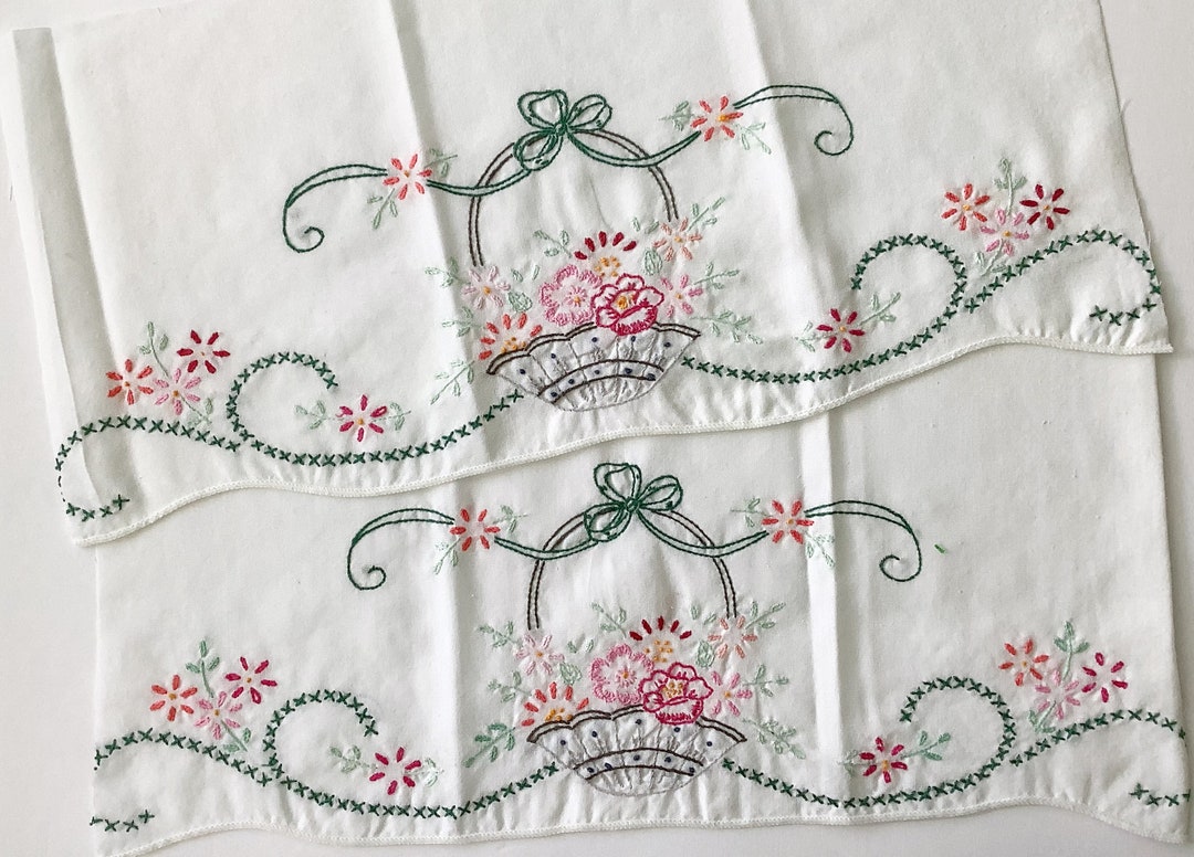 Vintage Embroidered Baskets Hand Embroidery Precuts All Etsy