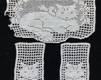 Super Cute Cats! Vintage Antimacassar 3 pc Chair Set White Hand Filet Crochet