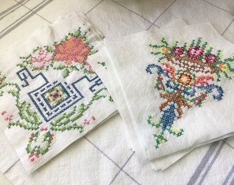 Vintage Hand Embroidered Cross Stitch on Linen 5x5 Charm Pack Precuts For Quilting Slow Stitch Journals