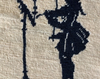Antique 1890's Needlepoint Silhouette Violin Player Beige with Black UNFRAMED Clean
