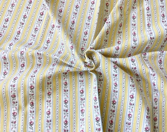 Vintage Pillow Ticking Fabric Yellow Stripe With Little Flowers Pre-Washed 28x21 Piece