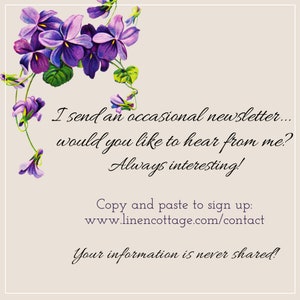 May include: A cream-colored graphic with a floral design of purple violets in the upper left corner. Text reads: "I send an occasional newsletter... would you like to hear from me? Always interesting!" and a website address.