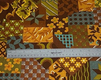Fantastic 1960's Fabric Brown Gold Teal Rust Flowers Abstract 31" x 112" 3 Yards This Fabric Is Really Groovy!