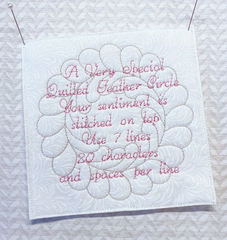 A Very Special Quilted FEATHER Circle Script Custom Embroidered Quilt Label Personalize With Your Sentiment Made To Order FAST Delivery image 1