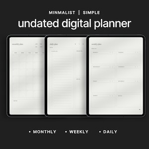 May include: A digital planner with three different views: monthly, weekly, and daily. The planner is minimalist and simple, with a white background and black text.