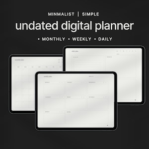 Op de afbeelding: Een digitale planner met een minimalistisch ontwerp. De planner bevat maandelijkse, wekelijkse en dagelijkse weergaven. De planner is niet gedateerd, dus je kunt hem voor elk jaar gebruiken.