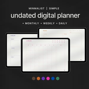 Puede incluir: Tres plantillas de planificador digital mostradas en la pantalla de una tableta. Las plantillas son para la planificación mensual, semanal y diaria. Las plantillas son minimalistas y simples con un fondo blanco y acentos rosas y azules.