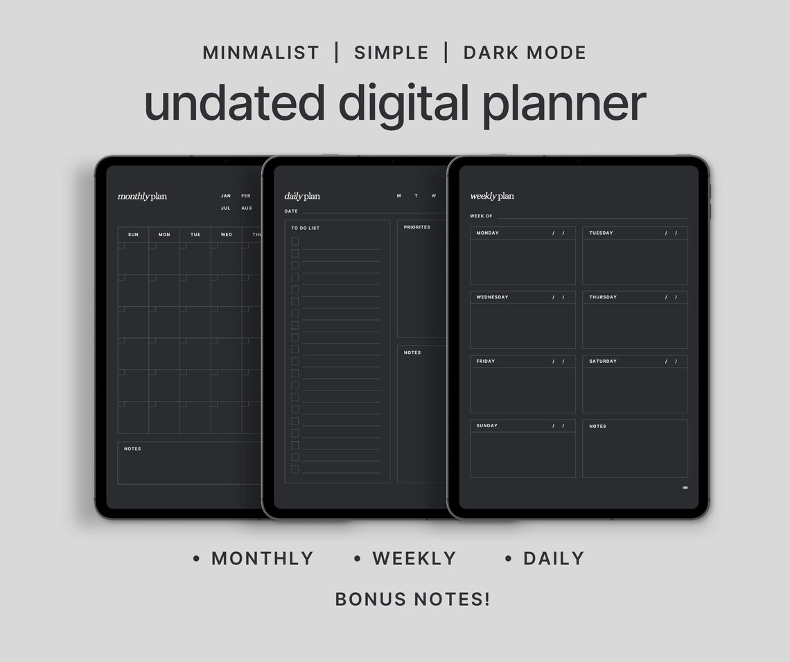 Dark Mode Undated Digital Planner: Minimalist Monthly, Weekly, Daily ...