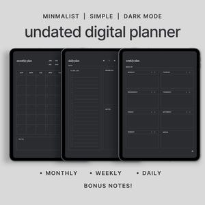 Può includere: Tre modelli di planner digitale in un design in modalità oscura. I modelli sono per la pianificazione mensile, settimanale e giornaliera. Il testo sui modelli recita "piano mensile", "piano giornaliero" e "piano settimanale".