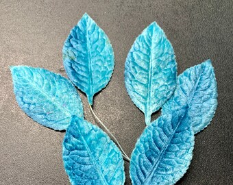 Vintage Mid-Century Velvet Millinery Leaves A Variegated Bright Blue     Set of 6    NOS     BVL4041