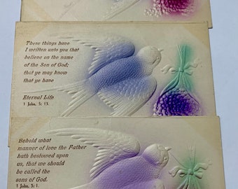 5 Antique Religious Themed Postcards Embossed with a Dove and Flowers