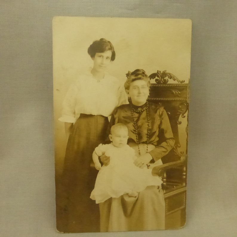 Antique Photo Postal Card Three Generation Family Portrait Kodak AZO Stamp Box