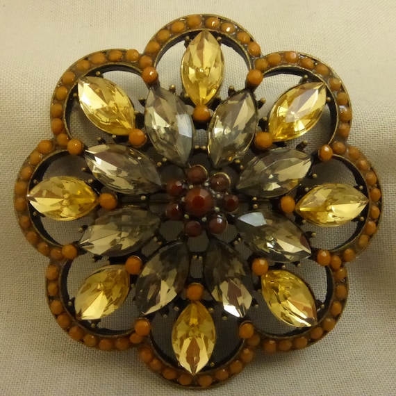 Vintage Large Rhinestone and Faceted Glass Brooch… - image 1