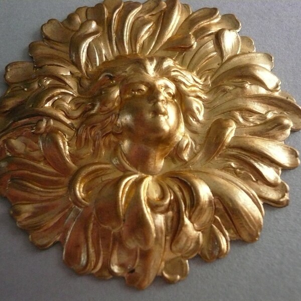 Vintage Brass Stamped Art Nouveau Face in a Chrysanthemum