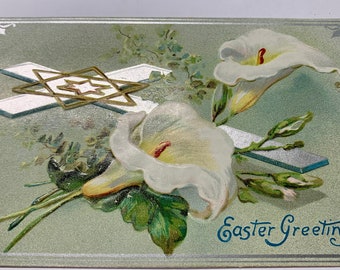 Vintage Raphael Tuck Easter Post Card Calla Lilies with Silver Gilt Cross and Gold Gilt Star of David Free Shipping