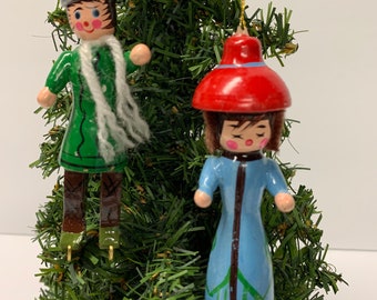 Vintage Painted Wood Skating Couple Christmas Ornaments  Free Shipping