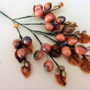 May include: A sprig of artificial berries with brown velvet leaves and green stems. The berries are a mix of brown and pink.