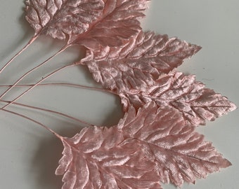 Vintage Mid-Century Pink Velvet Fern-like Millinery Leaves  6 Leaves  New Old Stock   VL443