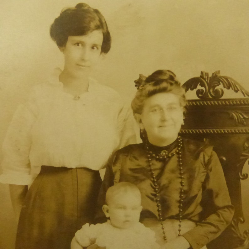 Antique Photo Postal Card Three Generation Family Portrait Kodak AZO Stamp Box