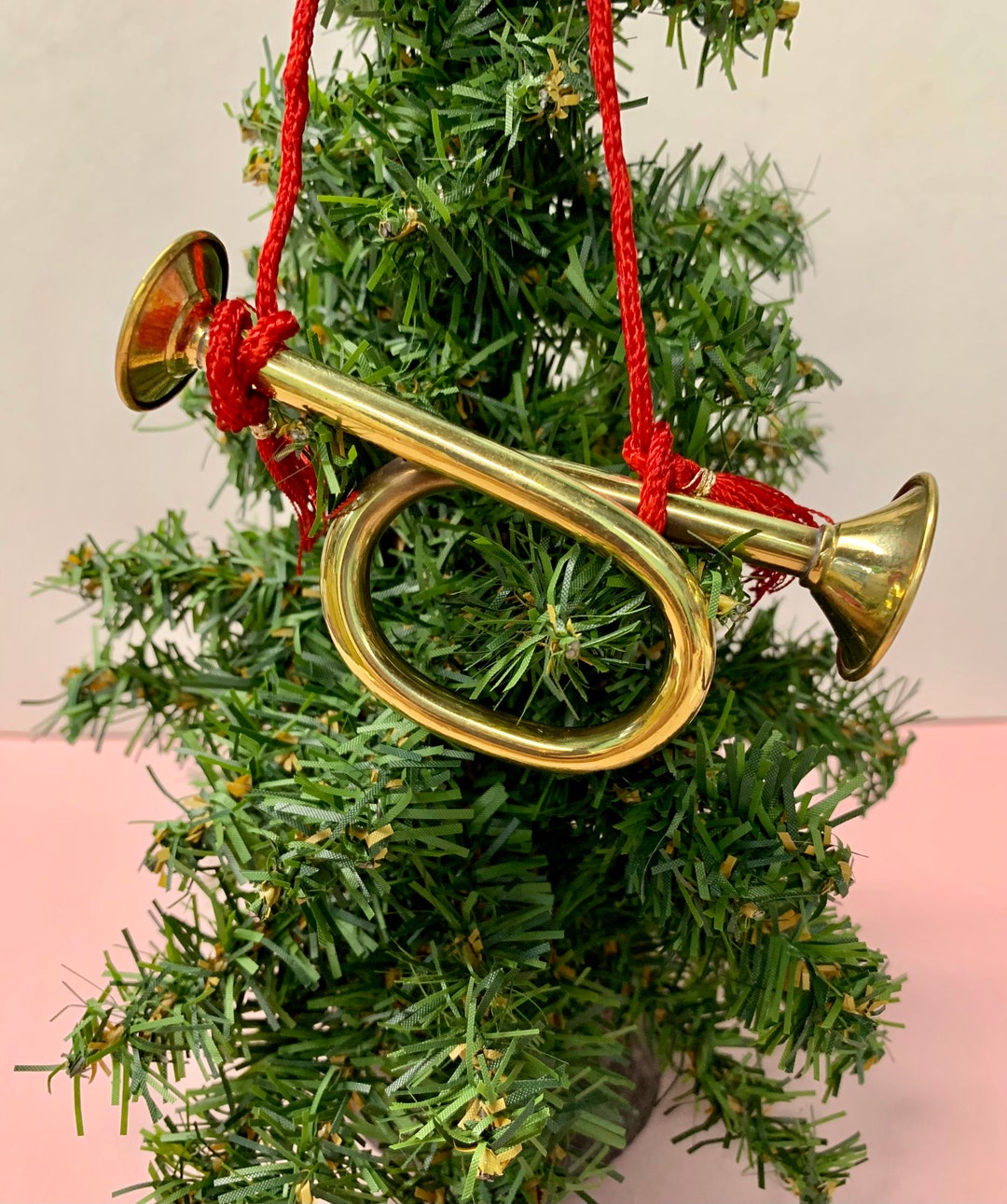 Vintage Solid Brass Horn Christmas Ornament 3 1/2inches With Red Cord