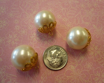 Vintage 20mm Faux Pearls with Gold-Toned Bead Caps (12) NOS