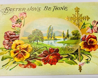 Vintage Easter Joys Postcard Scene with Pansies and Gilt Cross  Free Shipping