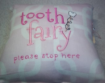 1935  Embroidered Tooth Fairy Pillow on Pink and White Fabric