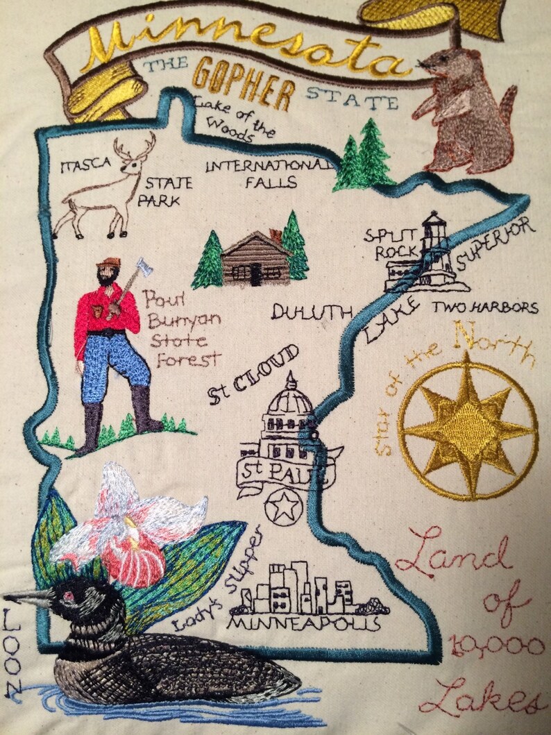 Embroidered State Map Pillow Minnesota Etsy