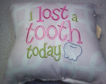 1932  Embroidered Tooth Fairy Pillow on Pink and White Fabric