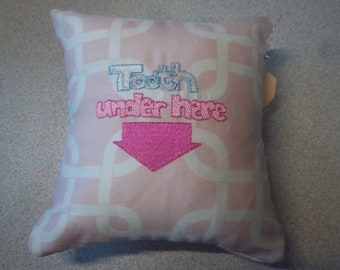 1911  Embroidered Tooth Fairy Pillow on Pink and White Fabric