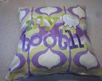 1903  Embroidered Tooth Fairy Pillow on Purple, Green and White Fabric