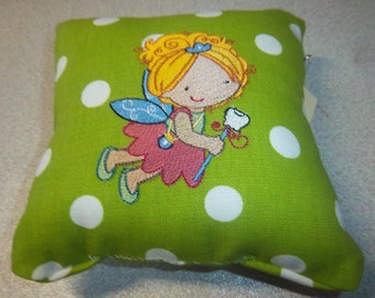 1929  Embroidered Tooth Fairy Pillow on Purple and White Fabric