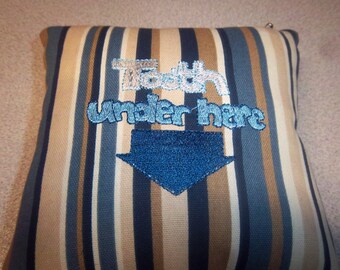 1940 Tooth Fairy Pillow Embroidered on Blue and Tan Striped Fabric