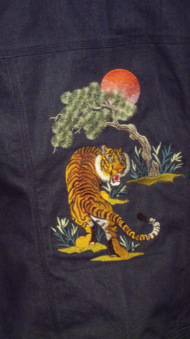 Tiger Embroidered Denim Jacket Etsy