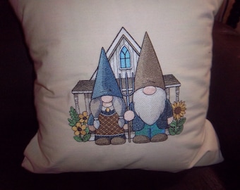 Embroidered Gnome Grant Wood American Gothic Pillow