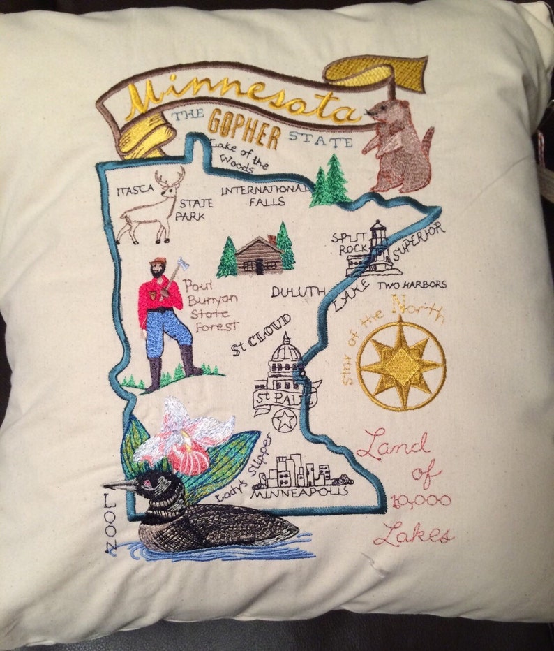 Embroidered State Map Pillow Minnesota Etsy