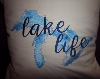 Embroidered Lake Life Great Lakes Pillow