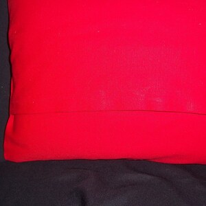May include: A square, solid red pillow with a seam near the bottom. The pillow is made of a smooth fabric and sits on a black surface. The pillow is a vibrant, saturated red.